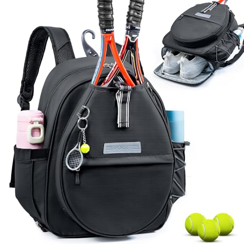Tennis Backpack with 2 Rackets Holder, Water-Resistant PU Leather Tennis Racket Bag for Women & Men, Sling Crossbody Sports Backpack for Tennis, Pickleball & Badminton, Tennis Gifts - color: Black, size: Large with Shoe Compartment