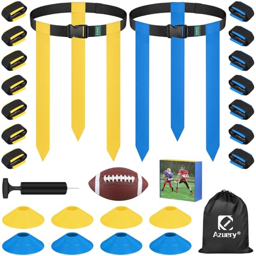 Flag Football Set - 14 Player Adjustable Flag Football Belts, Contains 42 Football Flags, 8 Practice Cones, Size 3 Football, Storage Bag and Pump, Perfect for Youth Adults & Children and Adult
