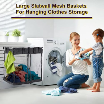 2 Packs Large Mesh Slatwall Baskets, 16×16×12 Inch Slat Wall Mesh Storage Baskets with 4 Hooks, 13.3 Gallon Hanging Slatwall Bins for Shop Garage Gym Display Panel Accessories (Black)
