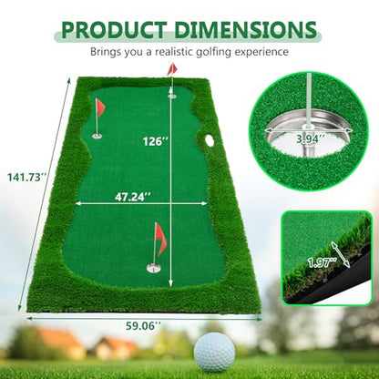 10x5 FT Golf Putting Green, Large Putting matt Professional Training Mat with Realistic Artificial Grass Turf, 3 Holes, 3 Flags and Cups for Indoor Outdoor Putting Practice - size: 12x5 FT