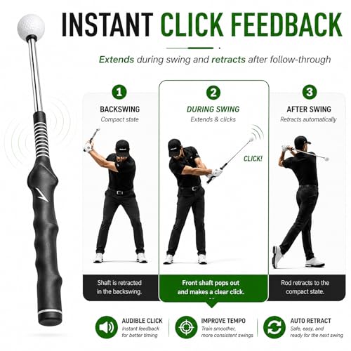 Golf Swing Trainer Aid for Right Handed, Retractable Golf Practice Tool with Click Feedback - Golf Training Aid Includes Wrist Alignment Brace & Correcting Arm Band, Power & Rhythm Training