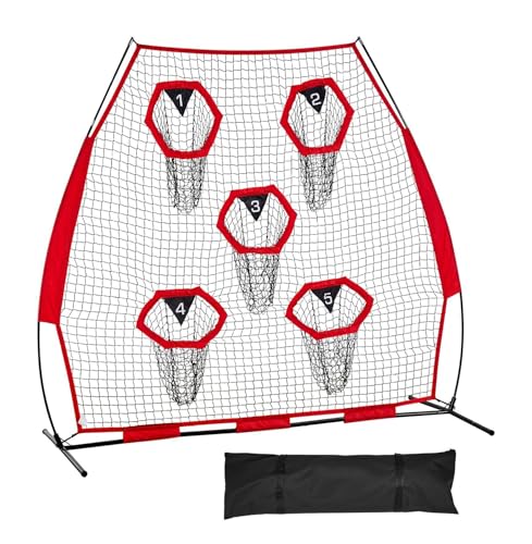 7 x 7 ft Football Trainer Throwing Net, Training Throwing Target Practice Net with 5 Target Pockets, Knotless Net Includes Straps and Portable Carry Case, Improve QB Throwing Accuracy, Red