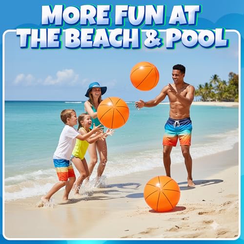 Inflatable Basketball Beach Balls (6 Pack) - 16-Inch Durable Beach Balls for Kids, Summer Pool Toys, Basketball Party Favors, Sports Theme Decorations, Giveaways - style: 6-Pcs Basketball Beach Balls