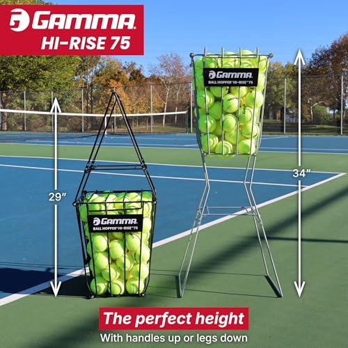 Gamma Ball Hopper Hi-Rise 75 - Heavy Duty Tennis Ball Basket with Handle for Easy Pickup & Storage - Holds 75 Tennis Balls, Durable Steel Construction, Weather-Resistant Coating - Silver