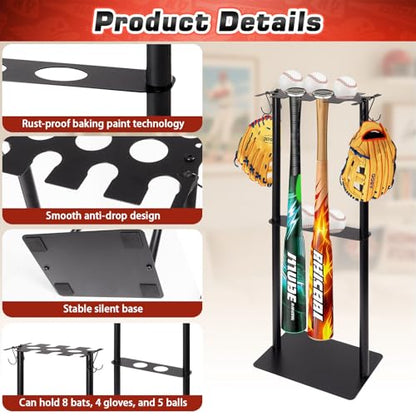 Baseball Bat Holder Stand, Free Standing Bat Rack for 8 Bats & 5 Balls, No Drill Softball Bat Organizer with 4 Hooks for Gloves, Sturdy Metal Display Stand for Home Team Dugout, Black