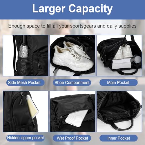 6 Pcs Black Basketball Drawstring Backpack, X-Larger Waterproof Drawstring Gym Bag, Baseball Softball Sports Bag with Water Resistant String Swim Backpack Side Mesh Pocket for Men Women