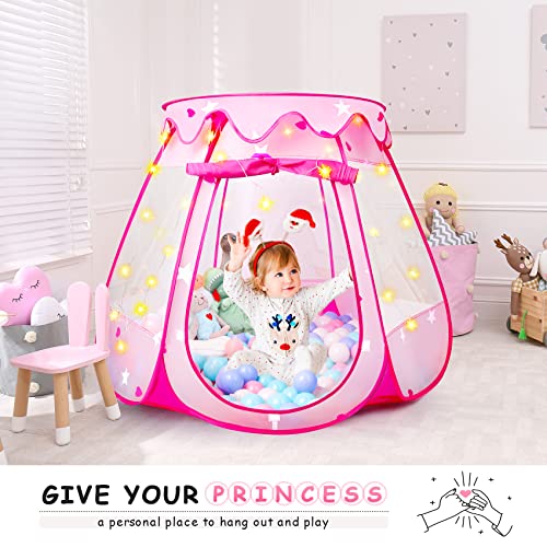 Princess Tent Girls Kids Playhouse Pop Up Play Tent with Star Light Tent for Kids Ball Pit Toys for 1,2,3 Years Girl Birthday Gift for Indoor Outdoor Toddler Girl Gift, Easy to Pop Up and Assemble - style: Tent with star lights