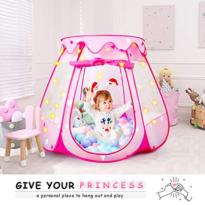 Princess Tent Girls Kids Playhouse Pop Up Play Tent with Star Light Tent for Kids Ball Pit Toys for 1,2,3 Years Girl Birthday Gift for Indoor Outdoor Toddler Girl Gift, Easy to Pop Up and Assemble - style: Tent with star lights