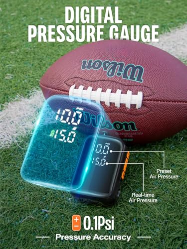 Pumteck Portable Ball Pump with 2 Needles, Electric Ball Pump with Pressure Gauge and Digital LCD Display, 15Psi Fast Inflation Air Inflator for Basketball Soccer Football Volleyball Rugby Sports