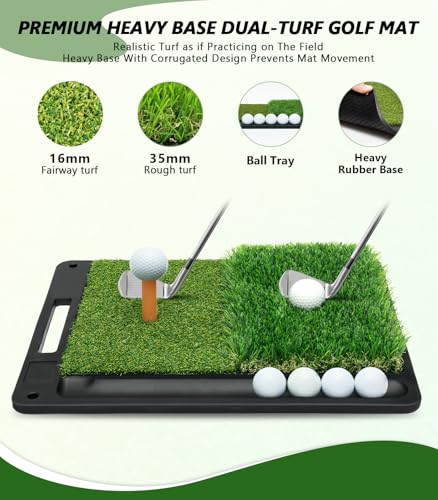 Golf Net: 10x7ft Golf Hitting Practice Net for Indoor & Outdoor Use with Heavy-Duty Base Dual-Turf Mat, Chipping Swing Training Mult-Target Nets for Backyard Driving, Gifts for Men Dad Husband Golfers