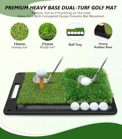 Golf Net: 10x7ft Golf Hitting Practice Net for Indoor & Outdoor Use with Heavy-Duty Base Dual-Turf Mat, Chipping Swing Training Mult-Target Nets for Backyard Driving, Gifts for Men Dad Husband Golfers