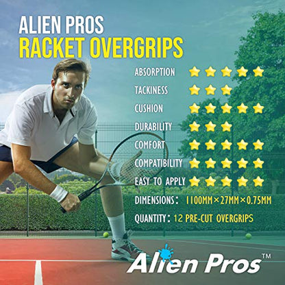 ALIEN PROS Tennis Racket Grip Tape - Precut and Dry Feel Tennis Grip - Tennis Overgrip Grip Tape Tennis Racket - Wrap Your Racquet for High Performance - color: 12-Pack Black