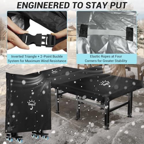 ORKELS Table Tennis Table Cover with Storage Bag, 420D Oxford Waterproof Cover (5000Pa), Windproof Buckle & Elastic Straps, 10.2FT x 6.2FT, Fits Indoor/Outdoor Ping Pong Tables