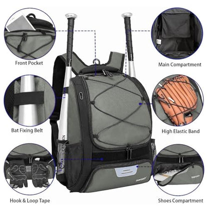 DAFISKY Baseball Bag Softball Backpack - Youth Adult T Ball Bat Equipment Bag with Bat Helmet Holders, Shoe Compartment - color: Grey