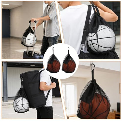 2Pcs Single Mesh Basketball Bag with Double Hook, Portable Ball Storage Bag, Drawstring Basketball Backpack for Soccer Football Volleyball Rugby