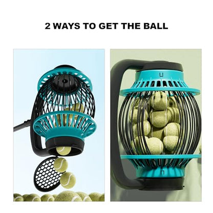 Tennis Ball Collector Roller with Adjustable Handle, No-Bend Quick Rolling Picker for Tennis Court, Quick-Tip Ball Release for Fast Emptying, Large Hopper Holds 20+ Tennis Balls Save Time & Your Back