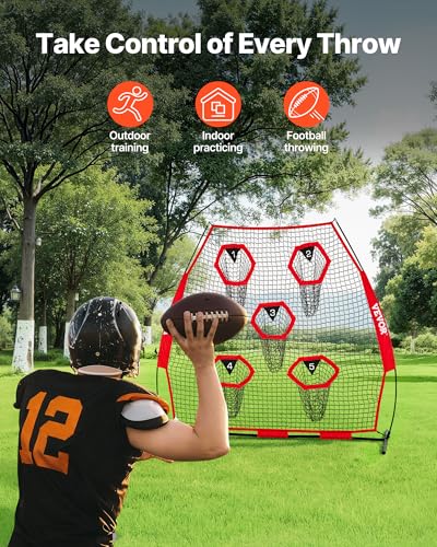 VEVOR 7 x 7 ft Football Throwing Net,Quarterback Training Equipment with 5 Target Pockets ,Includes Straps and Portable Carry Case, Improve QB Throwing Accuracy