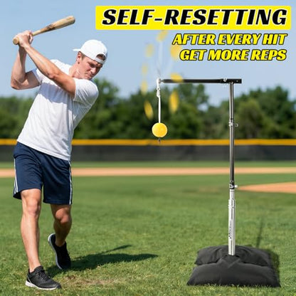 JASCOPRO Adjustable Baseball Hitting Trainer with Solid Metal Base, Aluminum Pole Batting Trainer with Ball and Cord, 10–33 Inch Height Adjustable Swing Trainer for Baseball & Softball Practice