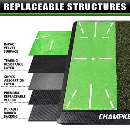 CHAMPKEY Heavy-Duty Golf Hitting Mat - Swing Path Feedback Golf Practice Mat - Ideal for Indoor and Outdoor Training - size: 13" x 17", style: Impact & Fairway Mat with 2 Pads