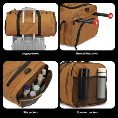 Large Baseball Duffle Bag Softball Backpack for Adult & Youth, 65L Spors Gym Duffel Equipment Bag with Shoe Compartment and Bat Holder, Catchers Gear Bag Fits Batting Mitten, Tball Gear, Helmet - color: Brown