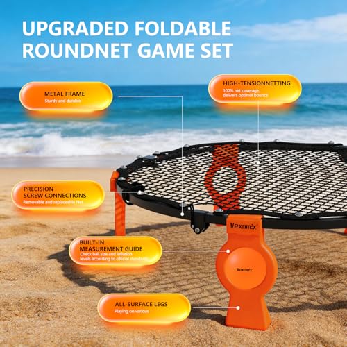 Foldable Metal Roundnet Game Set - Outdoor Games Sets with Pre-Installed Net & Screw-Fixed Pro Bounce - No Net Assembly - Includes 3 Balls, Pump, Case & Rules - Orange