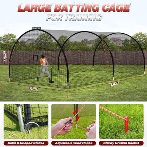 Batting Cages for Backyard - 22x10x10 ft Softball & Baseball Batting Cage Net with Zipper Door 4-Ply Anti-Tear Netting Batting Training Cage with Sturdy Steel Frame for Outdoor Indoor Use