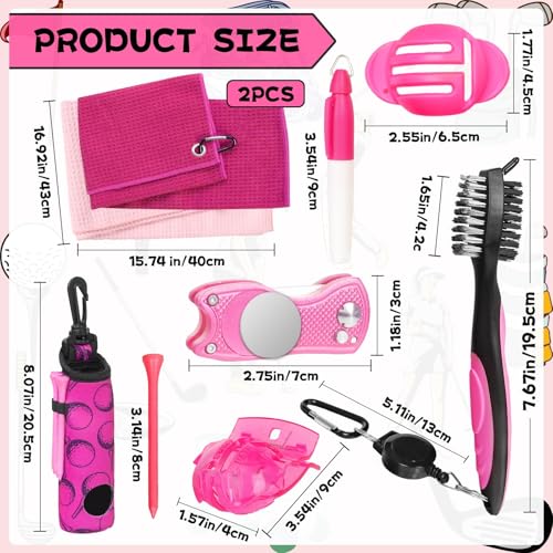 Golf Accessories Kit Golf Club Cleaning Kit Club Groove Cleaner Brush Divot Repair Tool Golf Towel with Clip Ball Bag with Hook Ball Alignment Kit Marking Pen Golf Gift Set Women - color: Hot Pink