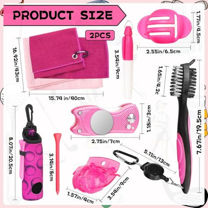 Golf Accessories Kit Golf Club Cleaning Kit Club Groove Cleaner Brush Divot Repair Tool Golf Towel with Clip Ball Bag with Hook Ball Alignment Kit Marking Pen Golf Gift Set Women - color: Hot Pink