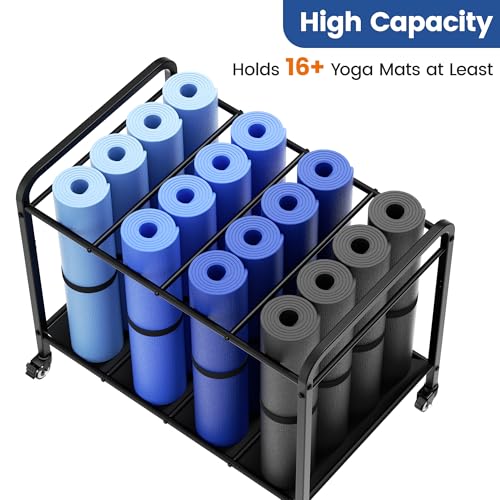Black Yoga Mat Storage Rack Basket with Wheels, Floor-Standing Metal Yoga Mat Cart Workout Equipment for Foam Roller Dumbbells Kettlebells,in Gym,Fitness Classes, Yoga Studio & Home Gym