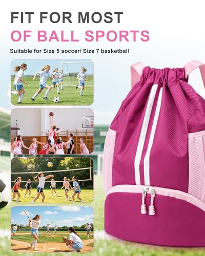 JELUTAR Soccer Bag, Drawstring Soccer Backpack with Shoe Compartment, Water Resistant Sport Gym Bags for Volleyball Basketball Football Beach Swim Pool - color: Rose Pink
