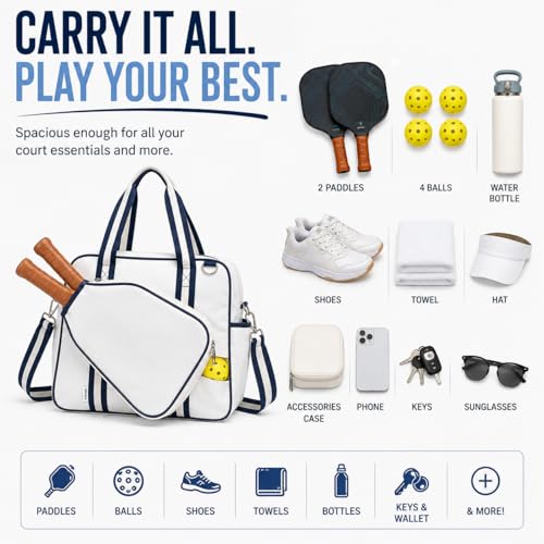 Pickleball Tote Bag with Paddle Pocket & Adjustable Strap, Spacious Pickleball Bag with Multiple Compartments for Paddles, Balls, Shoes & Accessories