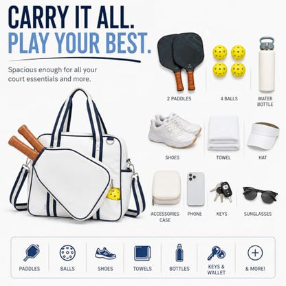 Pickleball Tote Bag with Paddle Pocket & Adjustable Strap, Spacious Pickleball Bag with Multiple Compartments for Paddles, Balls, Shoes & Accessories