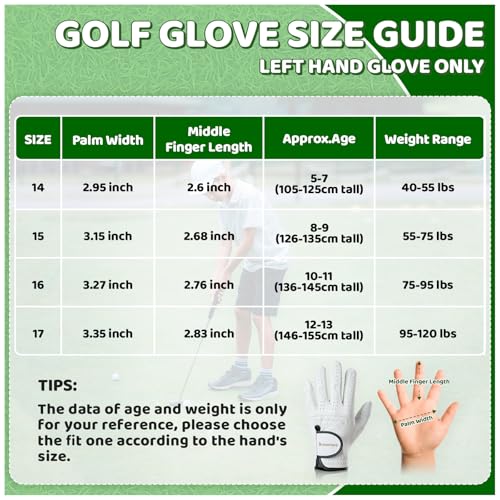 Braventure Kids Cabretta Leather Golf Glove – Breathable Washable Junior & Youth Glove for Boys Girls Age 5-13, Starter Set with 6 Tees, Divot Tool & Gift Box