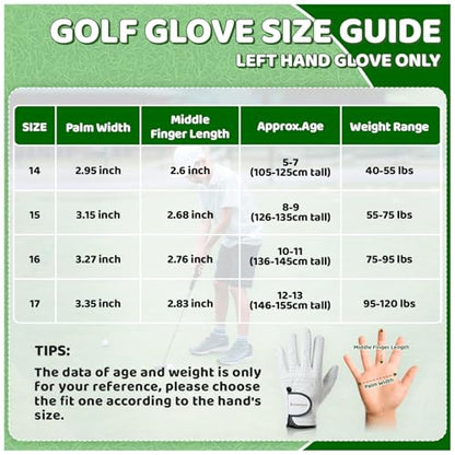 Braventure Kids Cabretta Leather Golf Glove – Breathable Washable Junior & Youth Glove for Boys Girls Age 5-13, Starter Set with 6 Tees, Divot Tool & Gift Box