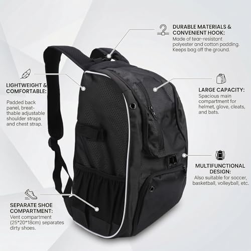 Dpofirs Baseball Gear Bag With Bat Holders And Hook | Large Capacity Backpack For Helmet Cleats Shoes