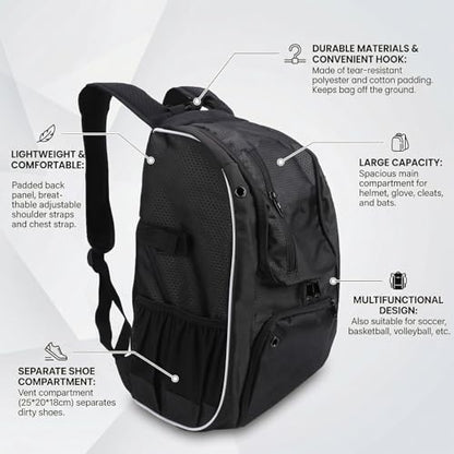 Dpofirs Baseball Gear Bag With Bat Holders And Hook | Large Capacity Backpack For Helmet Cleats Shoes