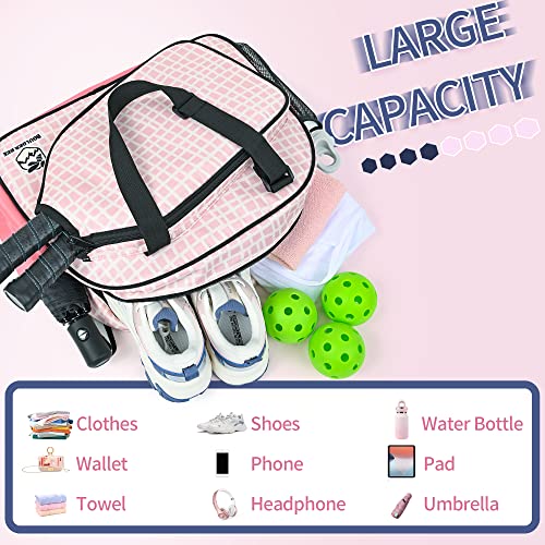 Boulder Bee Pickleball Bags, Premium Pickleball Tote Bag for Girls, Women’s Hand/Shoulder Gym Bag w Water Bottle Holder, with Pickleball Racquet/Paddle Holder - color: Pink Plaid
