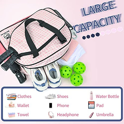 Boulder Bee Pickleball Bags, Premium Pickleball Tote Bag for Girls, Women’s Hand/Shoulder Gym Bag w Water Bottle Holder, with Pickleball Racquet/Paddle Holder - color: Pink Plaid