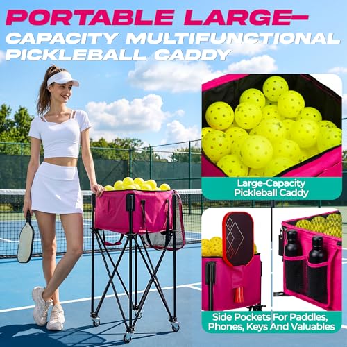 Pickleball Cart With Wheels, Foldable Tennis Ball Hopper Basket, Lightweight Ball Caddy With Zippered Mesh Lid, Portable Sports Ball Storage For Outdoor Court, Home Training, Kids Youth Adults