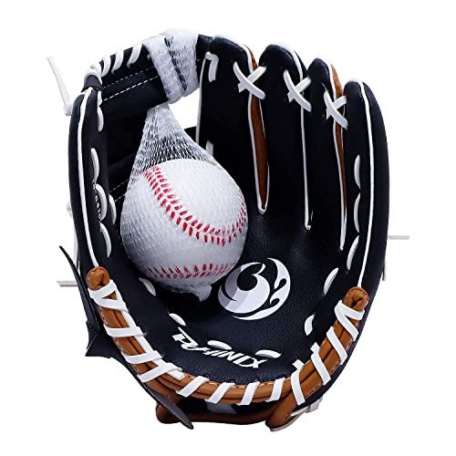 PHINIX Tee Ball Glove with Soft Baseball for Kids Play & Training 8.5"-10" - color: Right Hand Throw-Black/Brown/White, size: 9 "