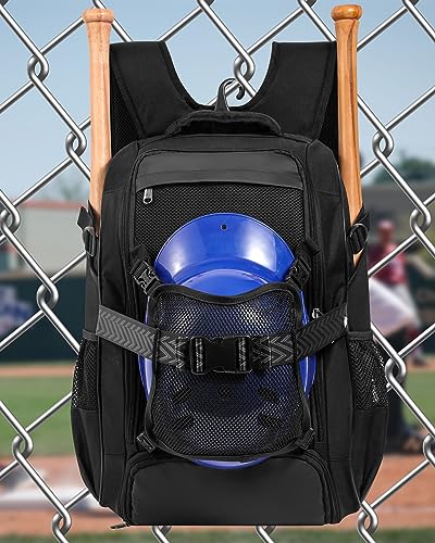 Large Baseball Backpack for Adult Youth 42L Softball Bat Bag with Detachable Adjustable Helmet Mesh Pocket Fit Basketball Soccer Volleyball Baseball Equipment Bag for Men Women 12+ Boys Girls - color: Black