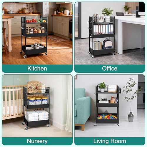3-Tier Rolling Storage Cart Metal Utility Cart with Wheels, Office Organizer with Hanging Cups, Hooks, Book Snack Craft Mobile Shelving Unit for Office Kitchen Nursery - color: Black