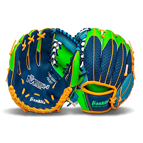 Franklin Sports Kids Baseball Glove + Foam Ball Sets - Meshtek Youth Teeball Gloves for Kids + Toddlers - Left + Right Hand Throw - 9.5" Inch - color: Navy/Lime/Orange