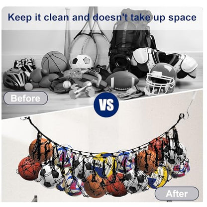 Klmnop Sports Ball Storage Net, Hanging Cotton Rope Garage Organizer Net, Sport Equipment Hammock Storage for Basketball Volleyball Soccer