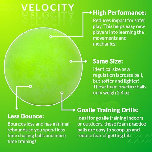 Velocity Soft Foam Lacrosse Balls, Lacrosse Soft Practice Balls for Youth, Indoor Training Lacrosse Softballs for College and High School, Same Size as Regulation