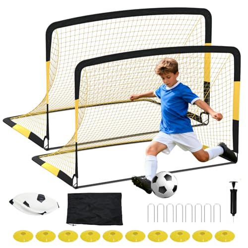 6x4 ft Soccer Goal 2 Pack, Kids Soccer Goals for Backyard Set, Portable Pop Up Soccer Net with Soccer Ball, Cones, Ground Stakes & Carrying Bag, Complete Training Equipment, for Indoor Outdoor Practic - color: Black, size: 2