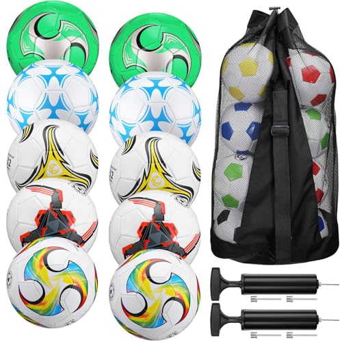 Libima 13 Pcs Soccer Ball Bulk 10 Pcs Official Size 4, 5 Soccer Ball with 2 Pump and Carry Bag Outdoor Indoor Training Practice Football Sports Party Back to School - color: Assorted, size: Size4, style: Stylish Style
