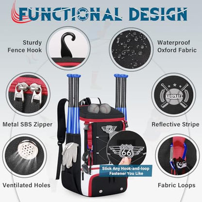 Baseball Bag Lightweight Softball Bags for Adults Youth 40L Large Baseball Backpack with Shoe Compartment, Helmet Holder, Fence Hook Waterproof Softball Bats Bag for T-Ball & Softball Equipment - color: Black & Red