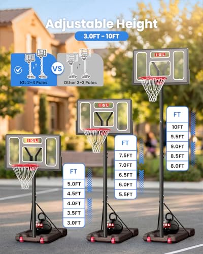 IGL Portable Basketball Hoop, 5.6-10FT Adjustable Basketball Goal System, 40/44 Inch Outdoor Basketball Hoop & Goals for Kids, Youth, and Adults in The Backyard, Driveway with PC Backboard