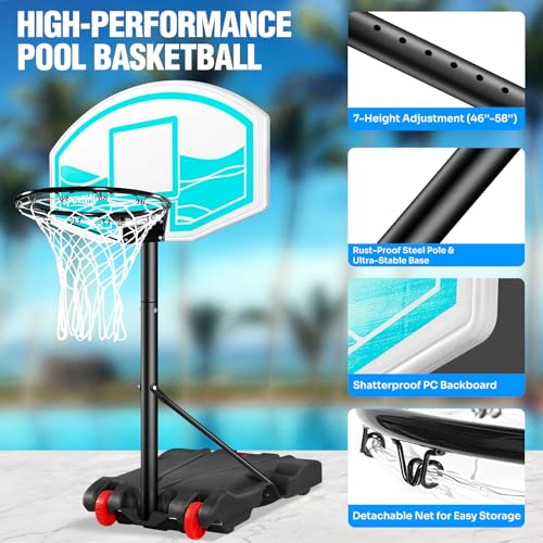 SPOYNAL Pool Basketball Hoop 7-Height Adjustable Swimming Pool Basketball with LED Light, 2 Balls & Pump, Portable Water Basketball Goals System